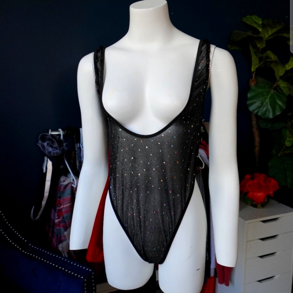 Black Sheer Thong Lingerie with Metallic Accents  Sz XL